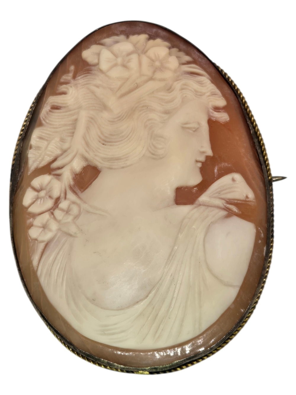 Large Two-Tone Shell Cameo Brooch Cream Portrait Silver 800 Hallmark Germany